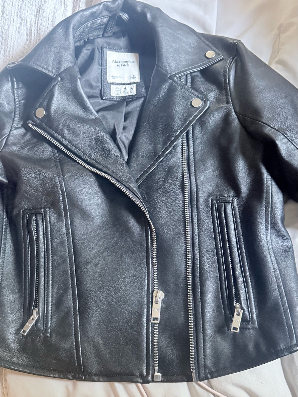 Abercrombie & Fitch Black Faux Leather Jacket with Label Detail